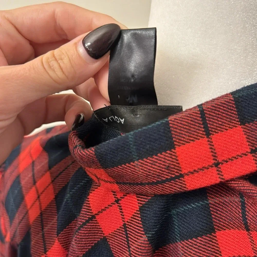 AQUA Plaid Crop Button Down Shirt Red Navy - Picture 9 of 9
